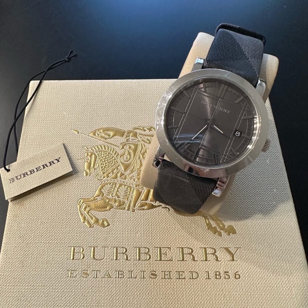 burberry watch with fabric check strap. 39mm stainless steel case.